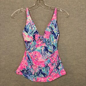 Lilly Pulitzer Women Pink Blue Tropical Floral Ruched Bow Tankini Swim Top 0‎